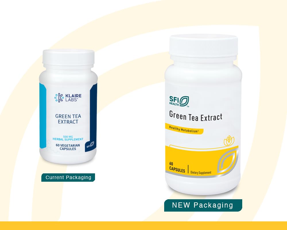 SFI Health Klaire Labs green tea extract capsules close-up for daily antioxidant support.
