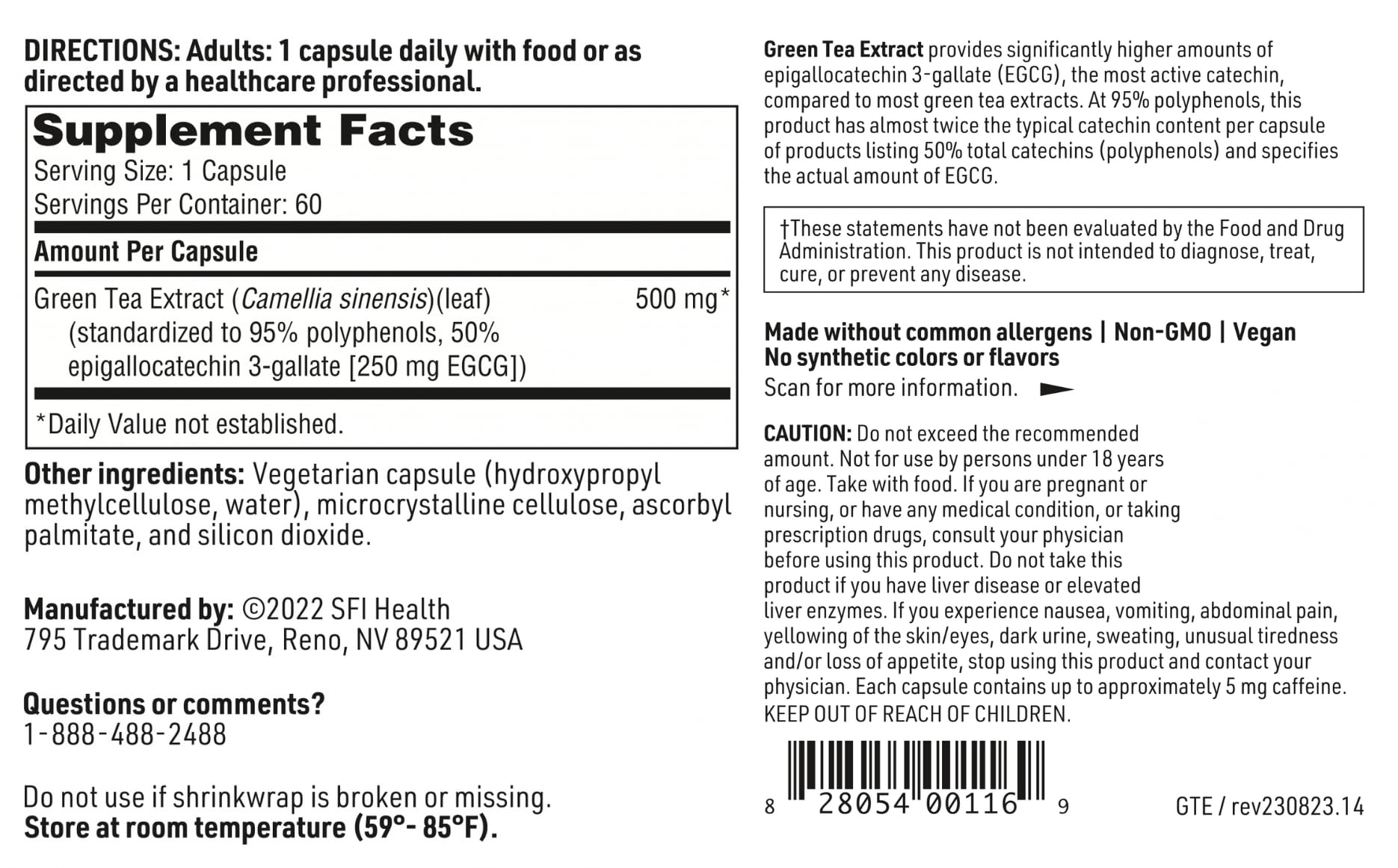 SFI Health Klaire Labs green tea extract ingredients panel for transparency.
