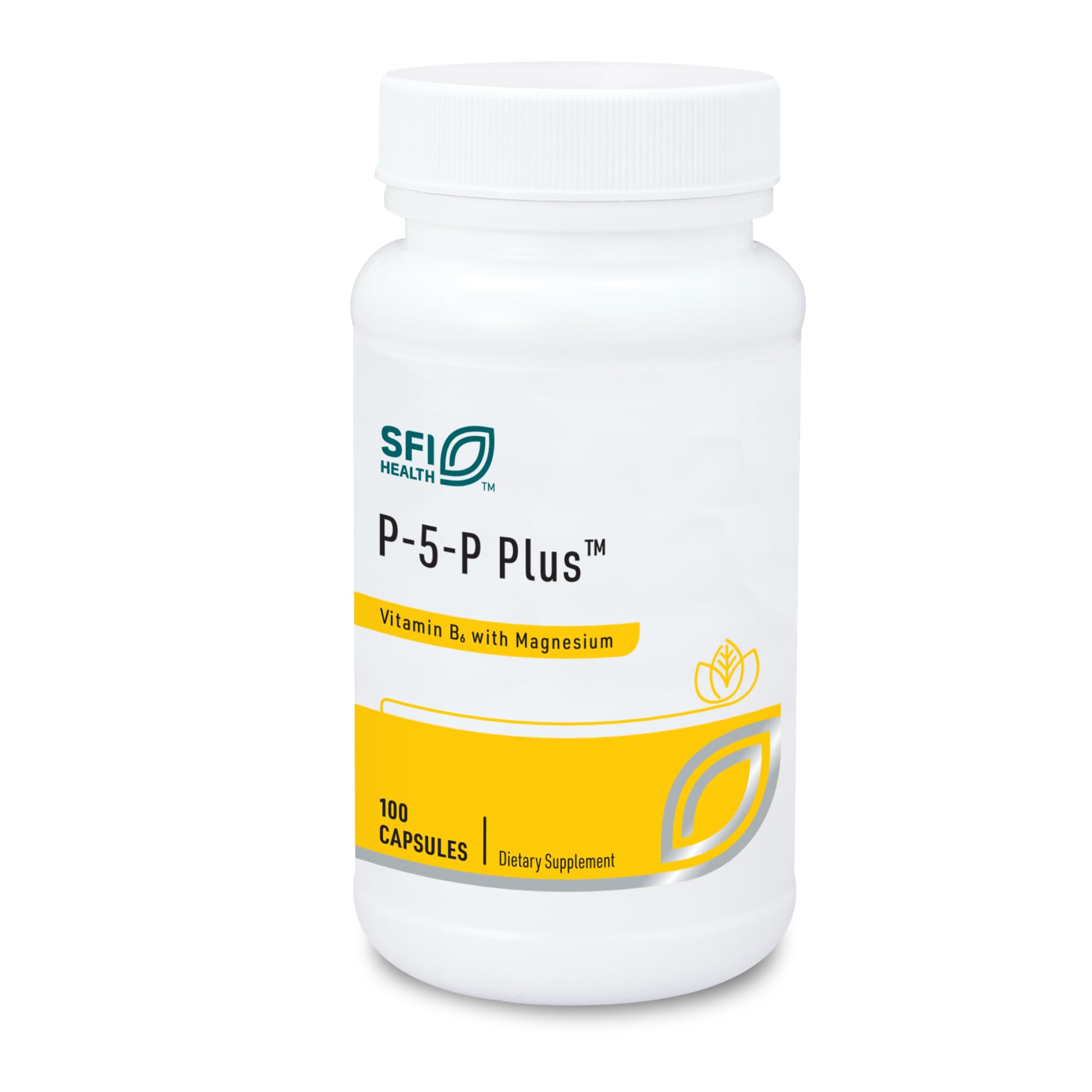 SFI Health Klaire Labs P-5-P Plus Magnesium bottle label shows the active B6 form and added magnesium.