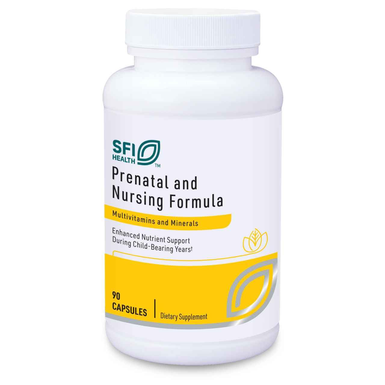 SFI Health Klaire Labs Prenatal bottle front highlighting comprehensive support for preconception through nursing.