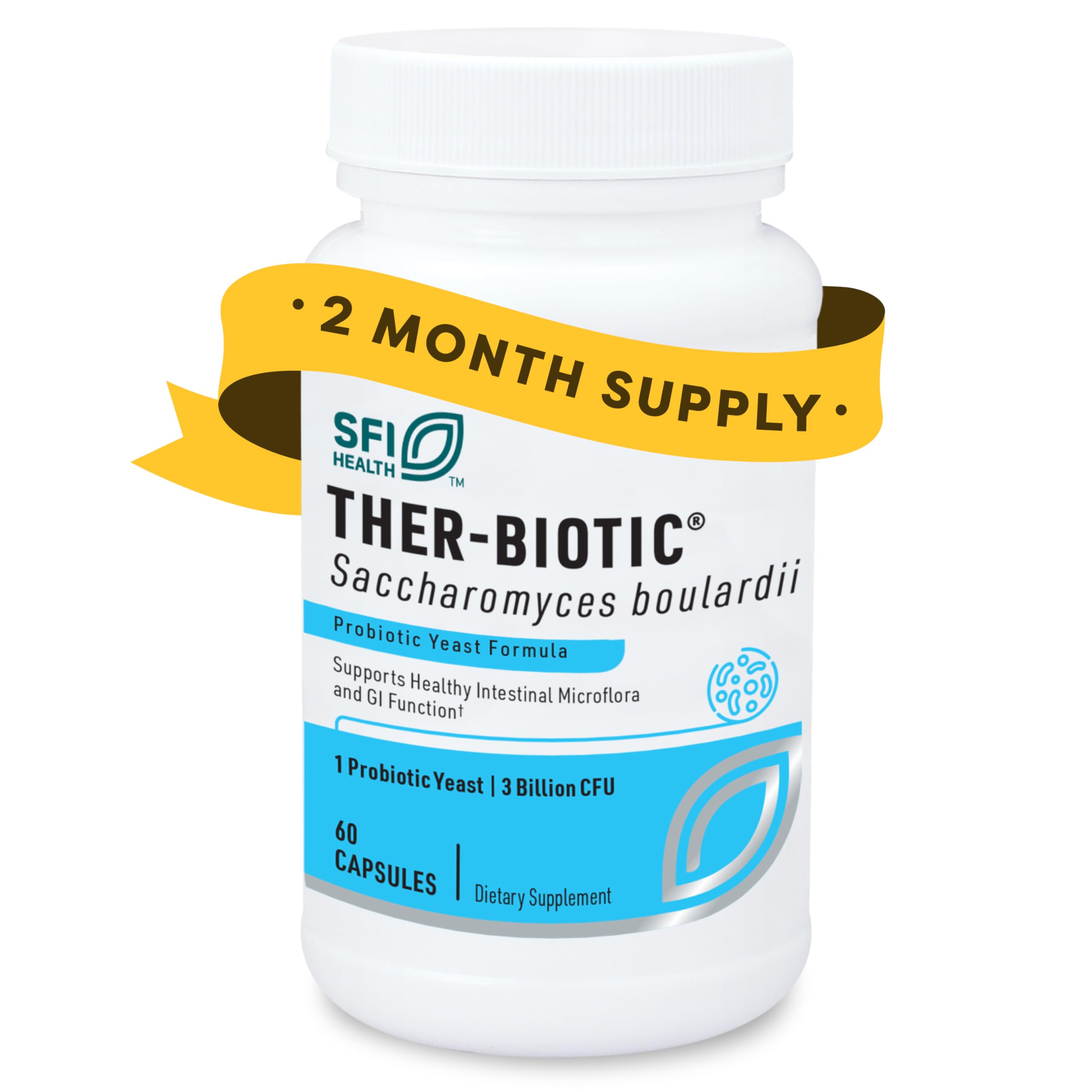 SFI Health Klaire Labs Saccharomyces boulardii bottle supports daily digestive wellness.