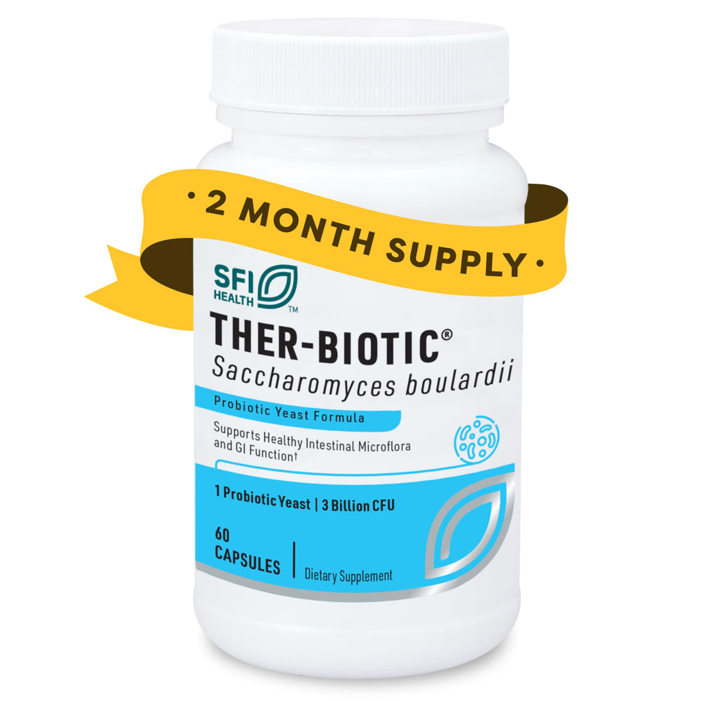 SFI Health Klaire Labs Saccharomyces boulardii bottle supports daily digestive wellness.