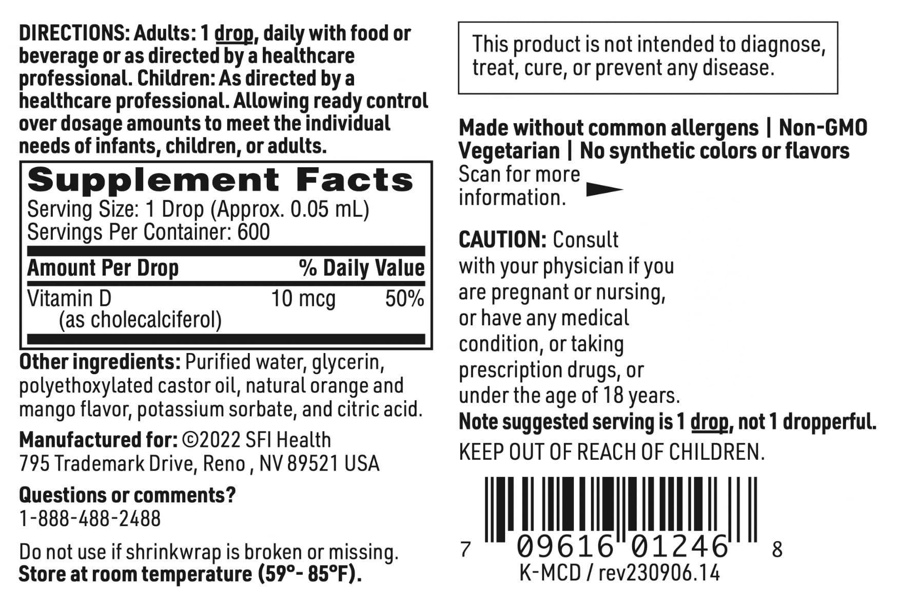 1 fl oz Klaire Labs SFI Health vitamin D3 bottle with measuring dropper and 600 servings.