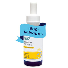 Klaire Labs SFI Health vitamin D3 micellized drops bottle pouring for easy dosing.