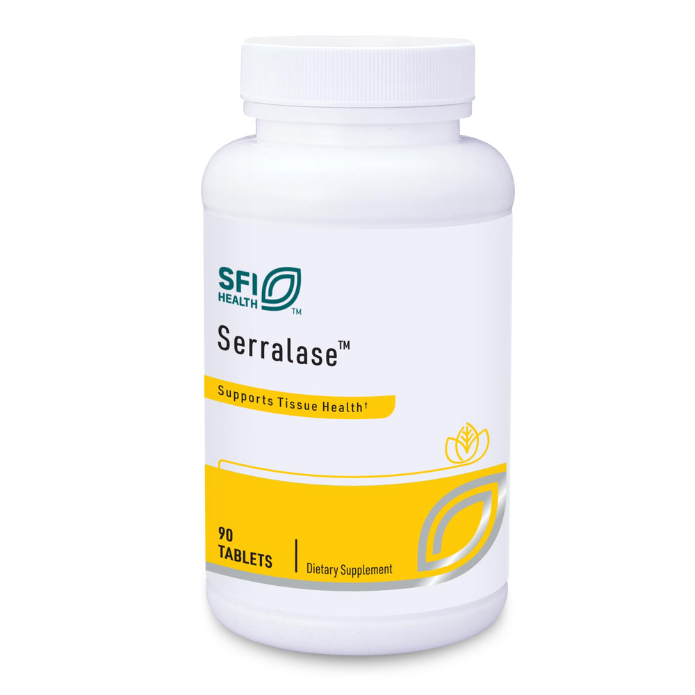 SFI Health Serralase bottle front showing enteric-coated proteolytic tablets for digestion support.