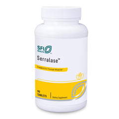 SFI Health Serralase bottle front showing enteric-coated proteolytic tablets for digestion support.