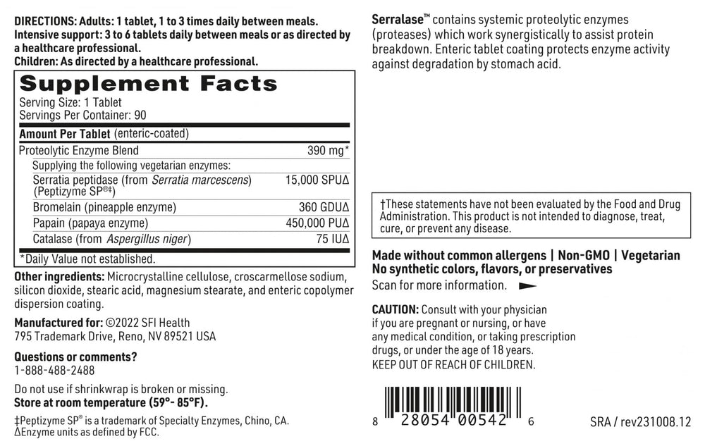 Serralase ingredients include bromelain and papain to broaden proteolytic action.