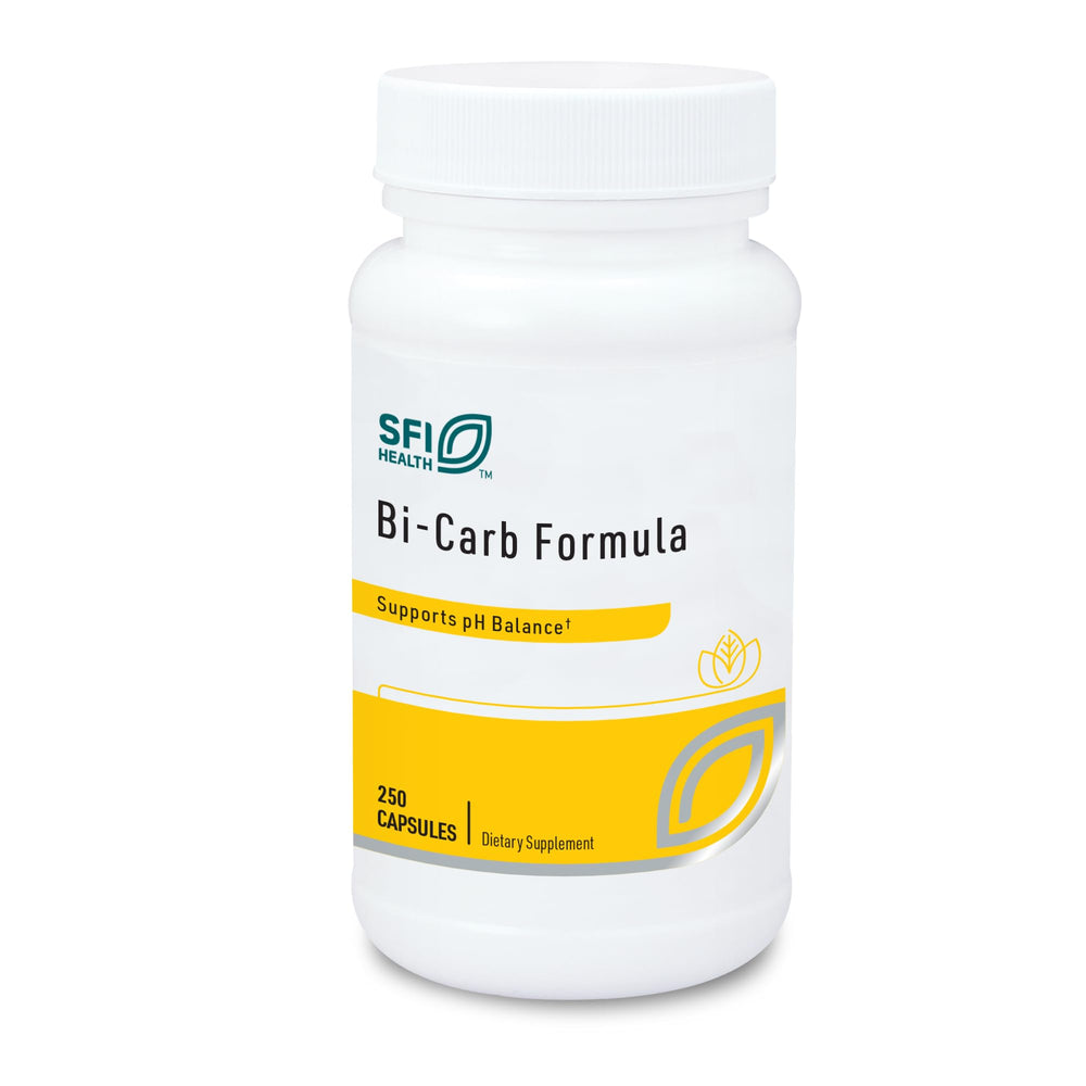 SFI Health sodium and potassium bicarbonate capsules in bottle supporting pH balance.