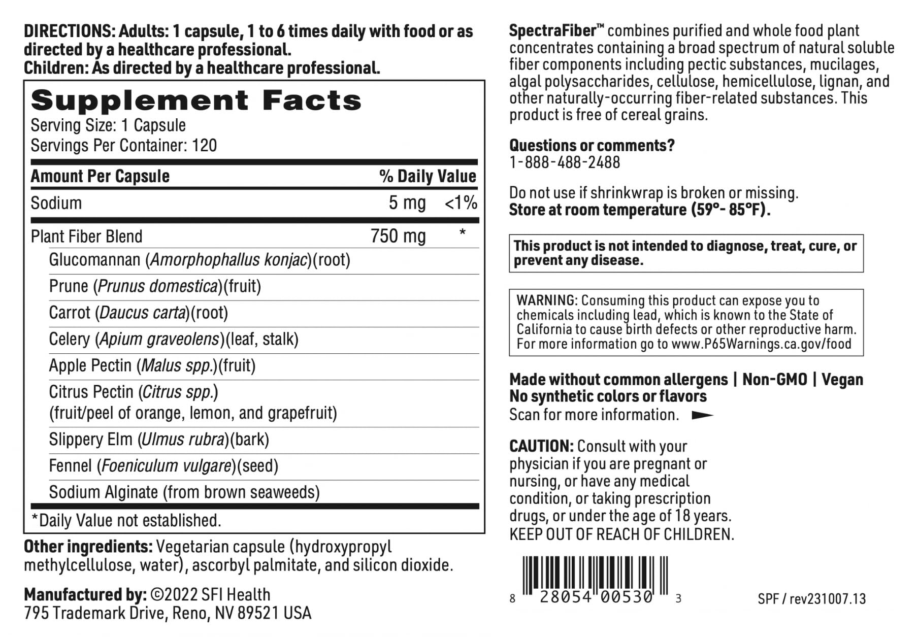 SpectraFiber packaging box highlighting gluten-free and allergen-free features