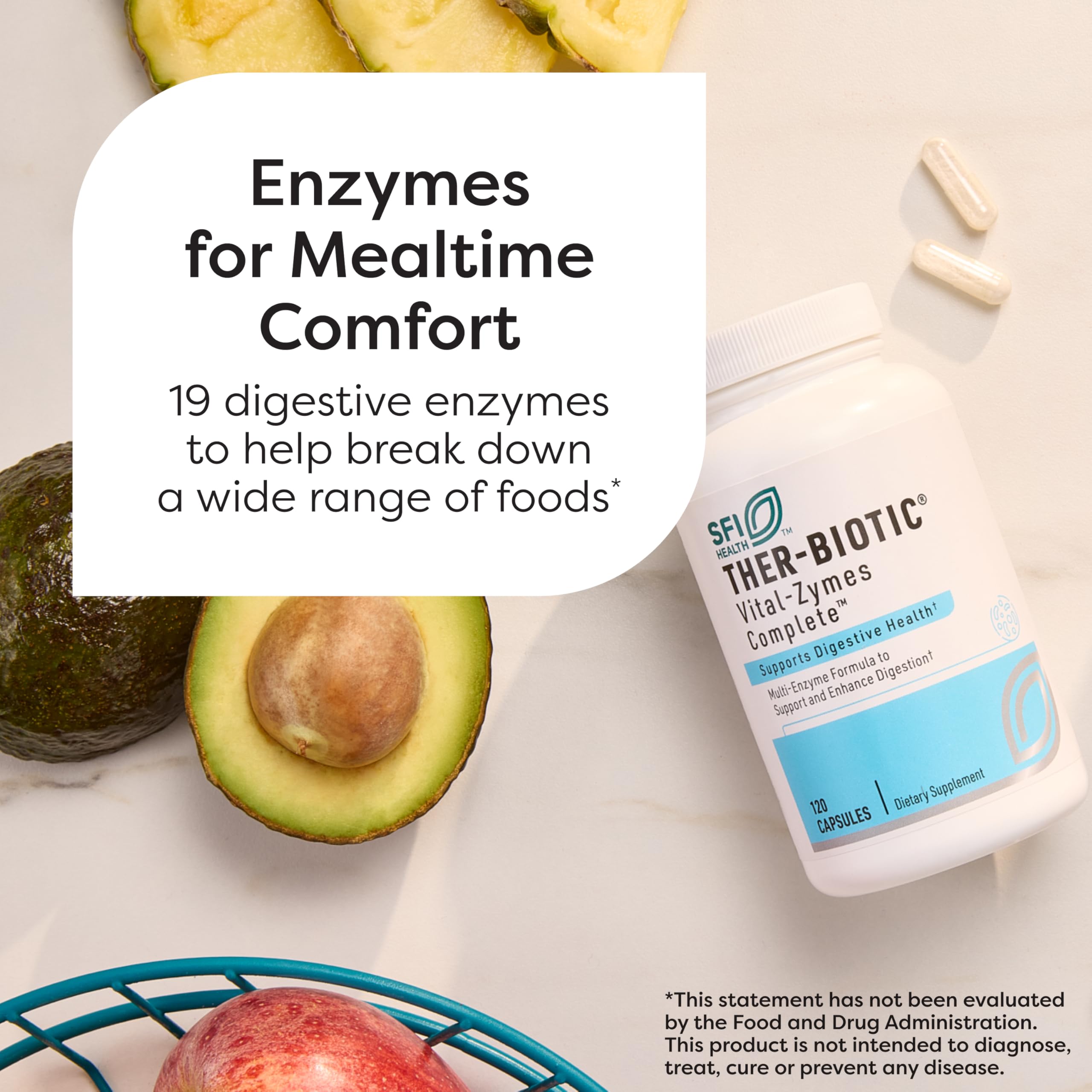 SFI Health Vital-Zymes packaging graphic highlights broad-spectrum digestive enzymes