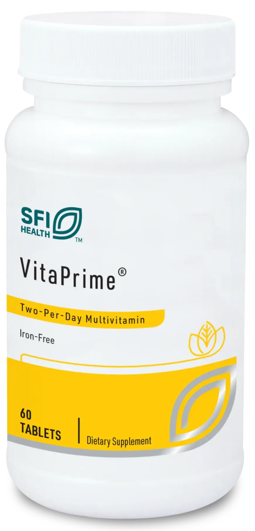 SFI Health VitaPrime iron-free multivitamin bottle front highlighting daily wellness potential.