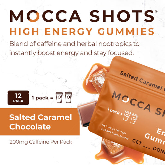 Close-up of SGC Mocca Shots gummy highlighting caffeine potency.