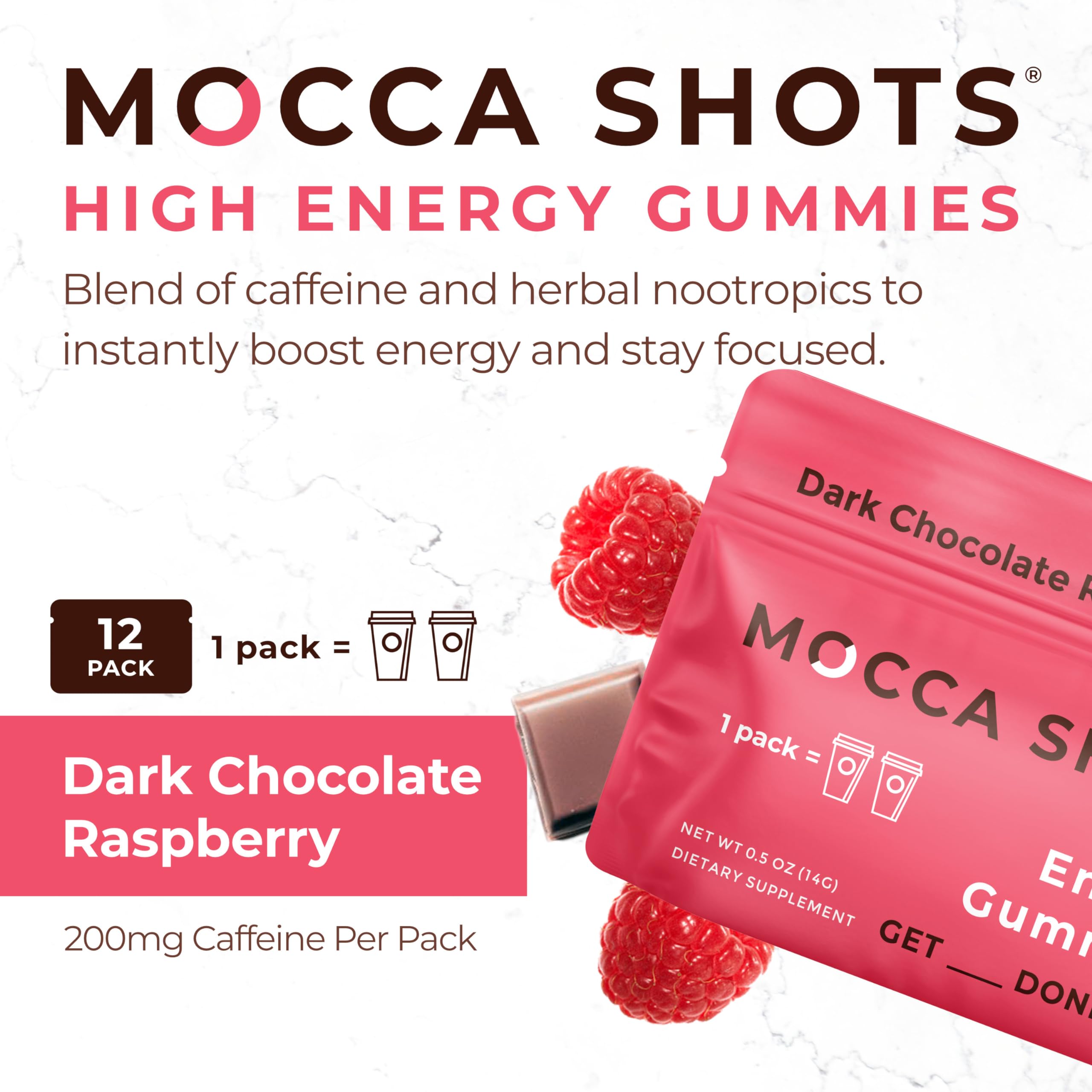 Close-up of SGC Mocca Shots gummies highlighting raspberry chocolate flavor