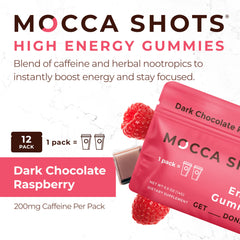Close-up of SGC Mocca Shots gummies highlighting raspberry chocolate flavor