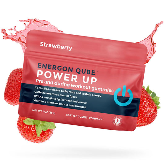 SGC Power Up bottle close-up showing gummies for steady energy during workouts