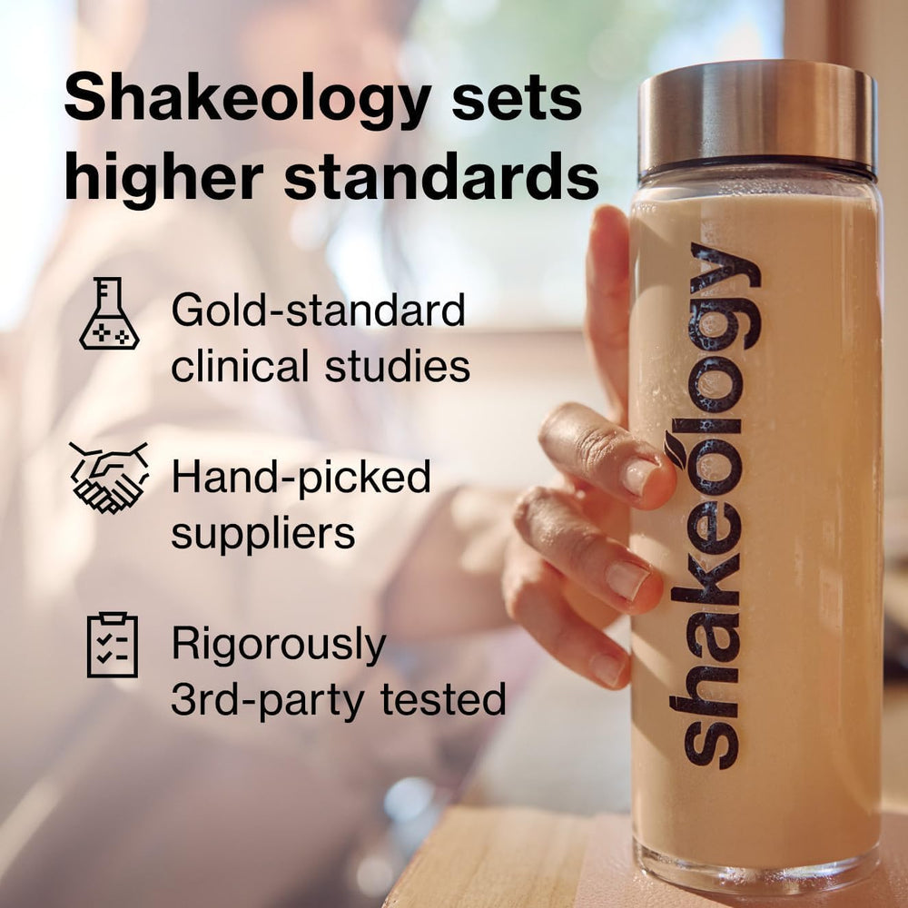 Shakeology Cafe Latte packaging detail emphasizes gluten-free ingredients and fiber.