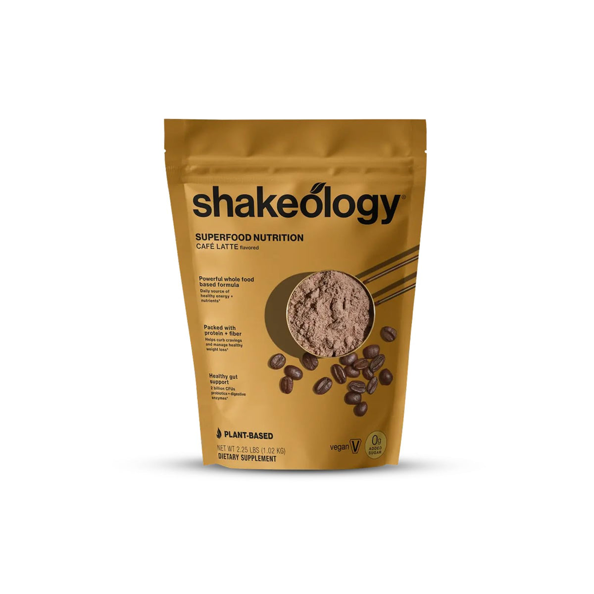 Shakeology Cafe Latte tub label highlights gluten-free plant-based protein and vitamins.
