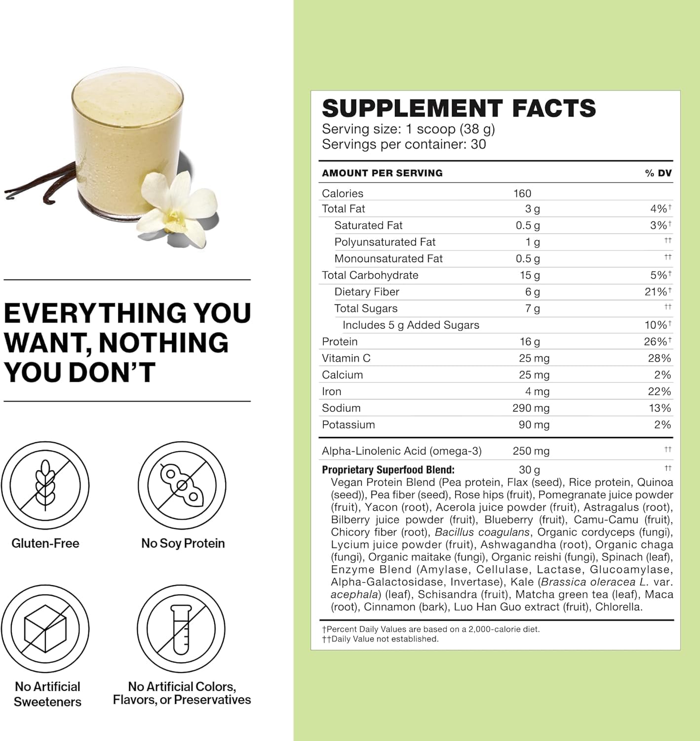 Shakeology Vanilla protein scoop displaying 16g protein per serving.