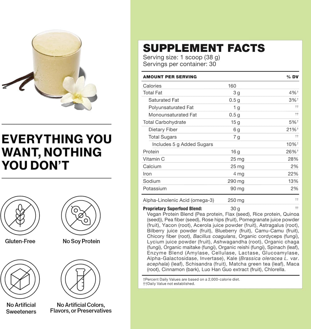 Shakeology Vanilla protein scoop displaying 16g protein per serving.