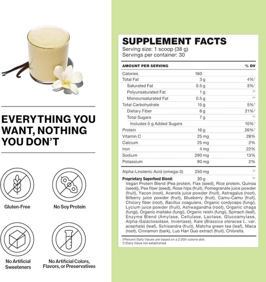 Shakeology Vanilla protein scoop displaying 16g protein per serving.
