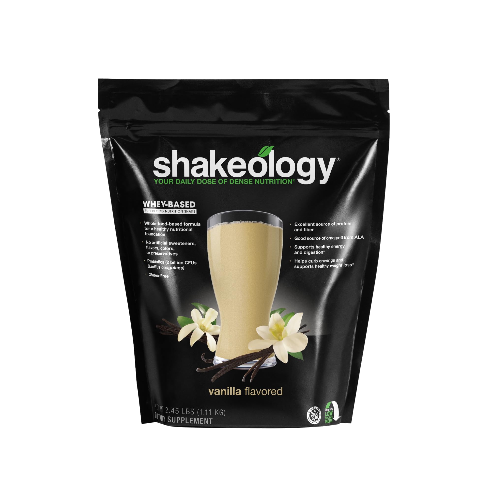 Shakeology Vanilla Whey Protein Powder jar highlighting 17g protein per serving for fullness.