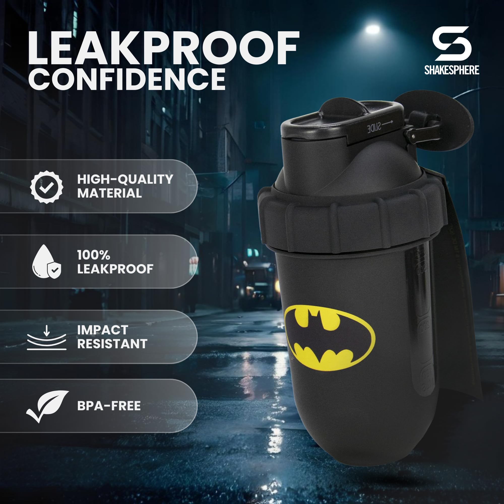 SHAKESPHERE Batman Edition capsule-design close-up highlighting smooth mixing without clumps.