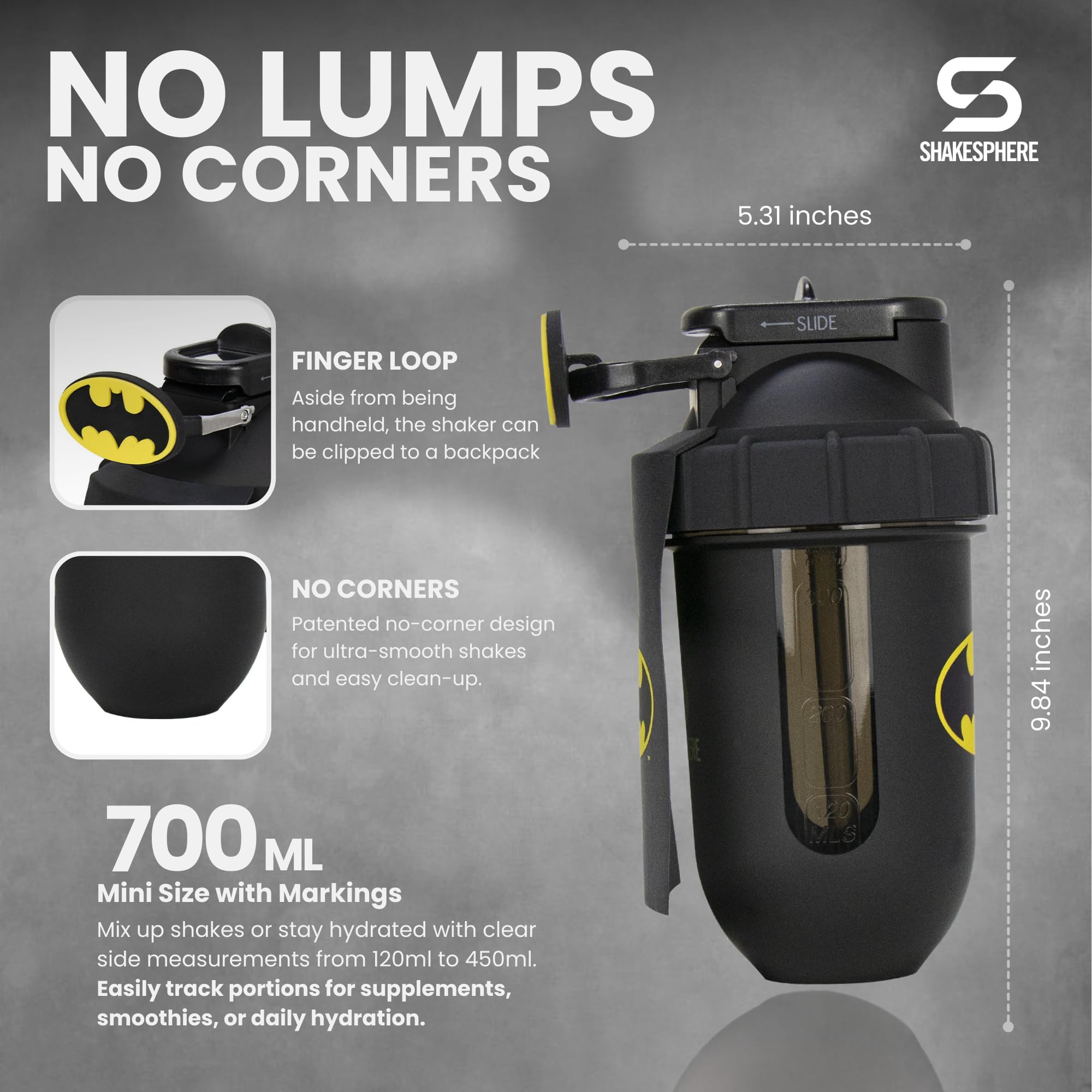 SHAKESPHERE Batman Edition leak-proof cap in use for gym on-the-go.