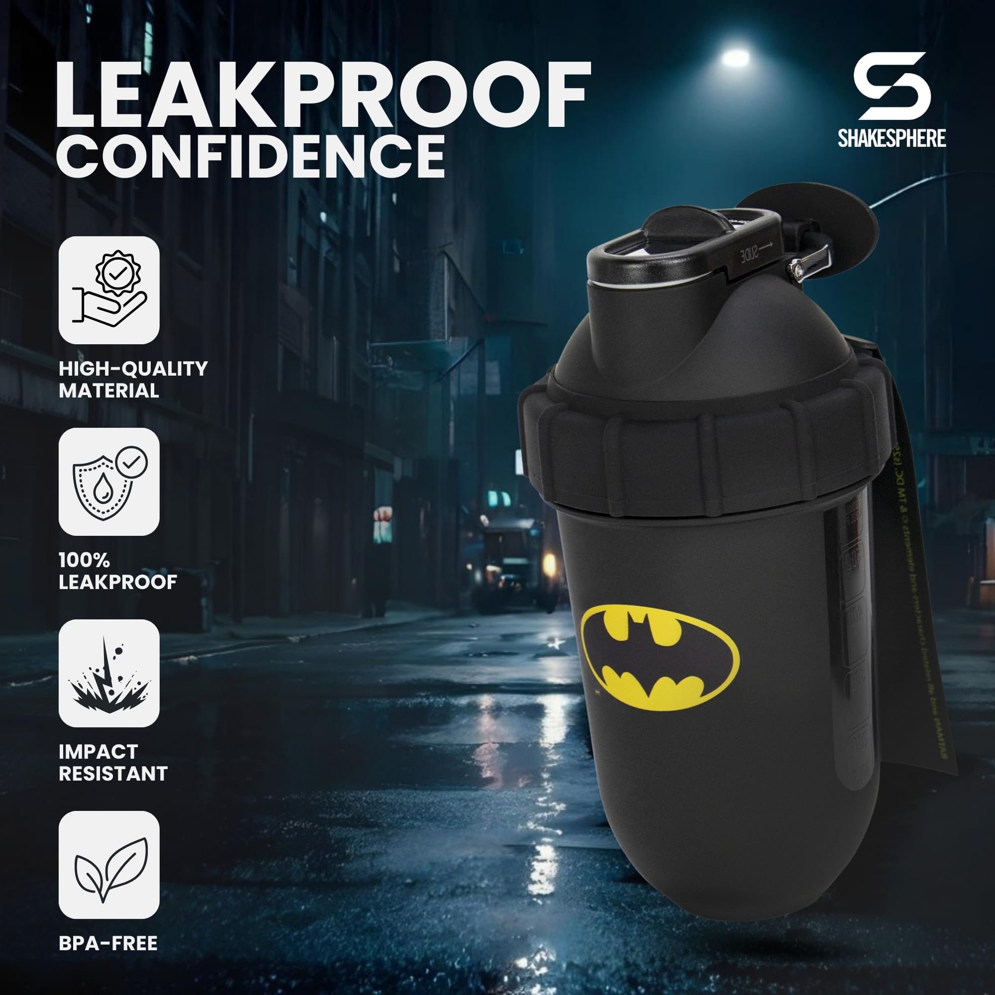 Close-up of the Batman emblem detail on the Shakesphere shaker.