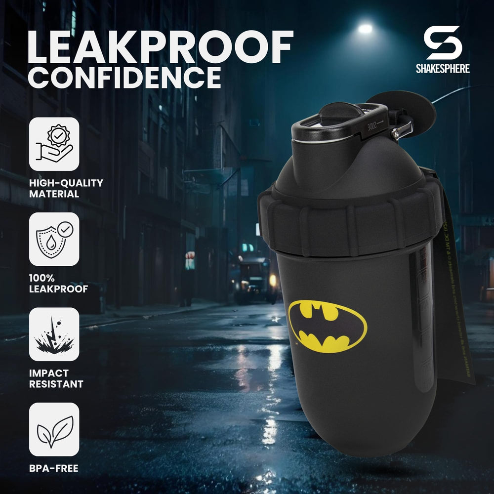Close-up of the Batman emblem detail on the Shakesphere shaker.