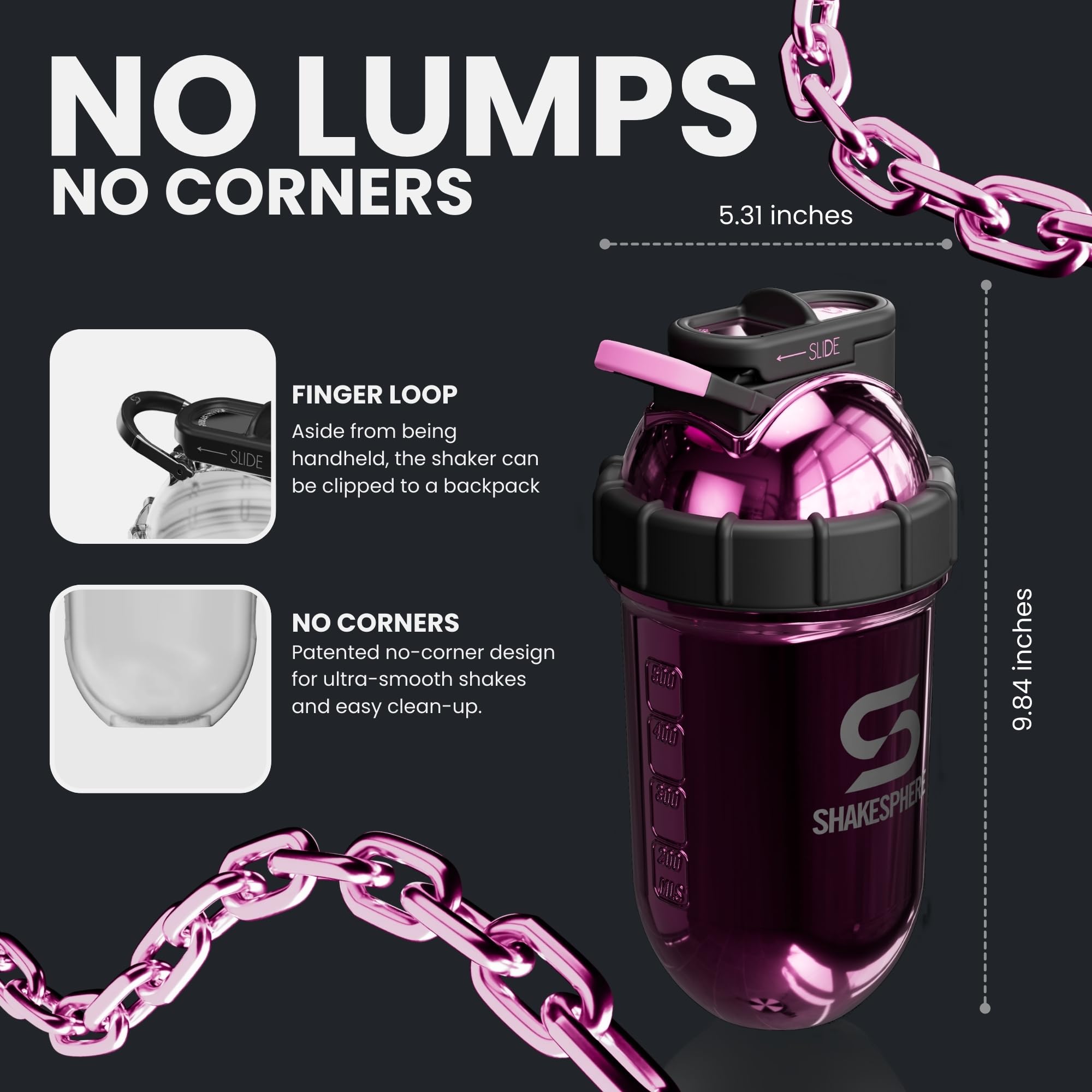 Shakesphere BPA-free steel exterior offers durable performance for gym and outdoors.
