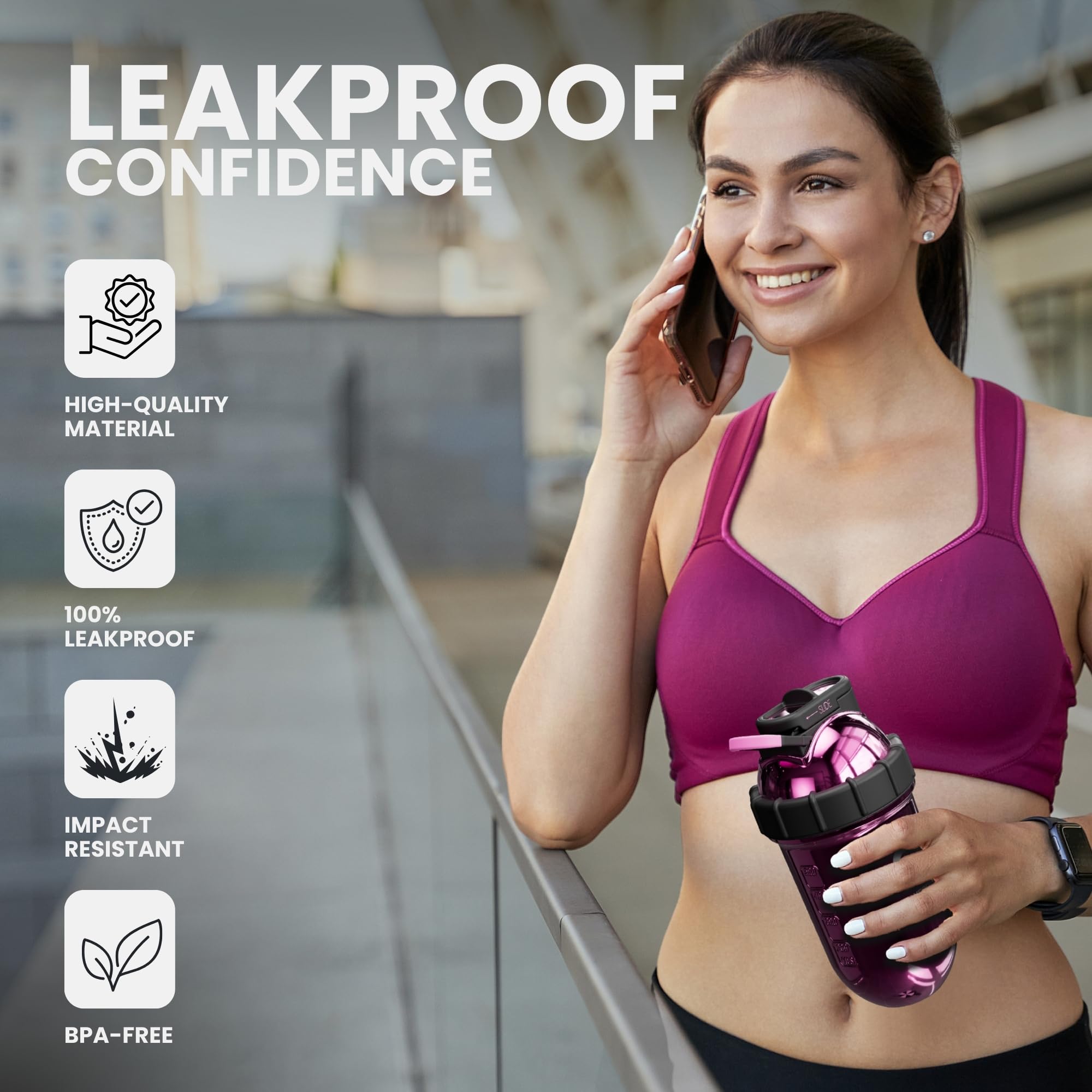 Shakesphere leak-proof lid assembly ensures no spills during travel.