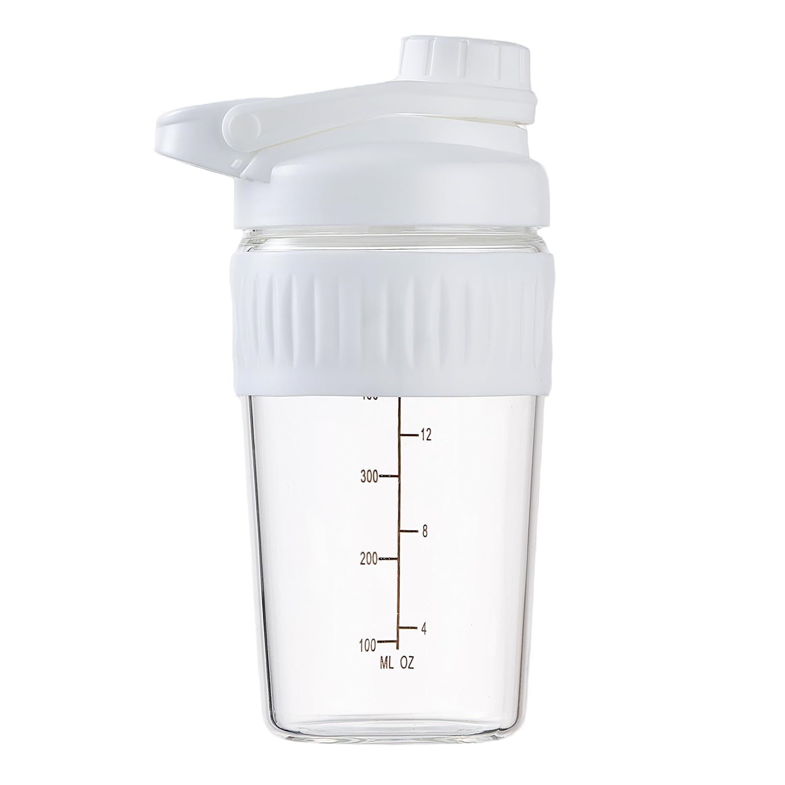 ShakeXpert 16oz glass shaker bottle with wide mouth for easy powder addition.