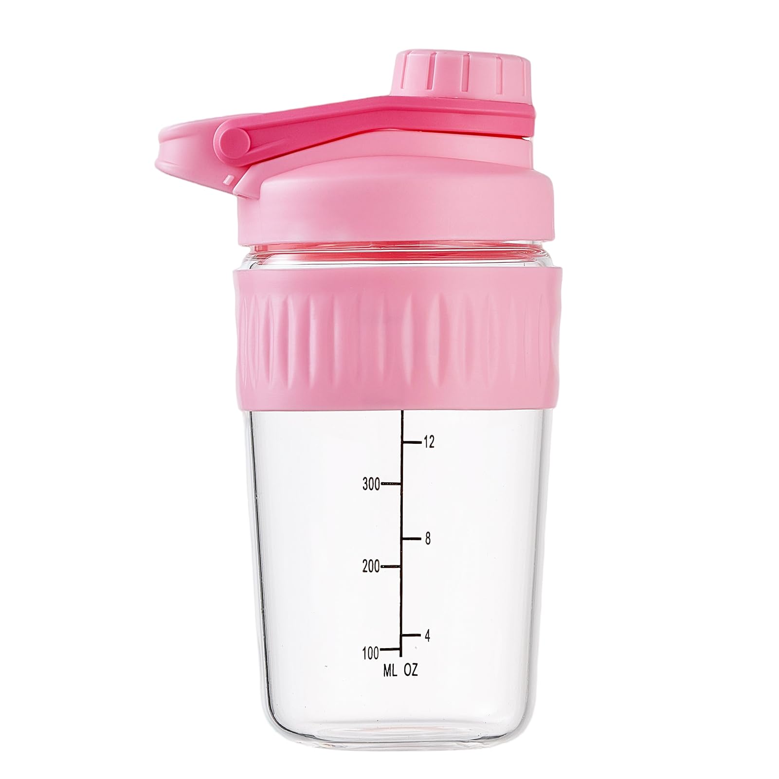 ShakeXpert 16oz glass shaker with pink cap for easy pouring and style