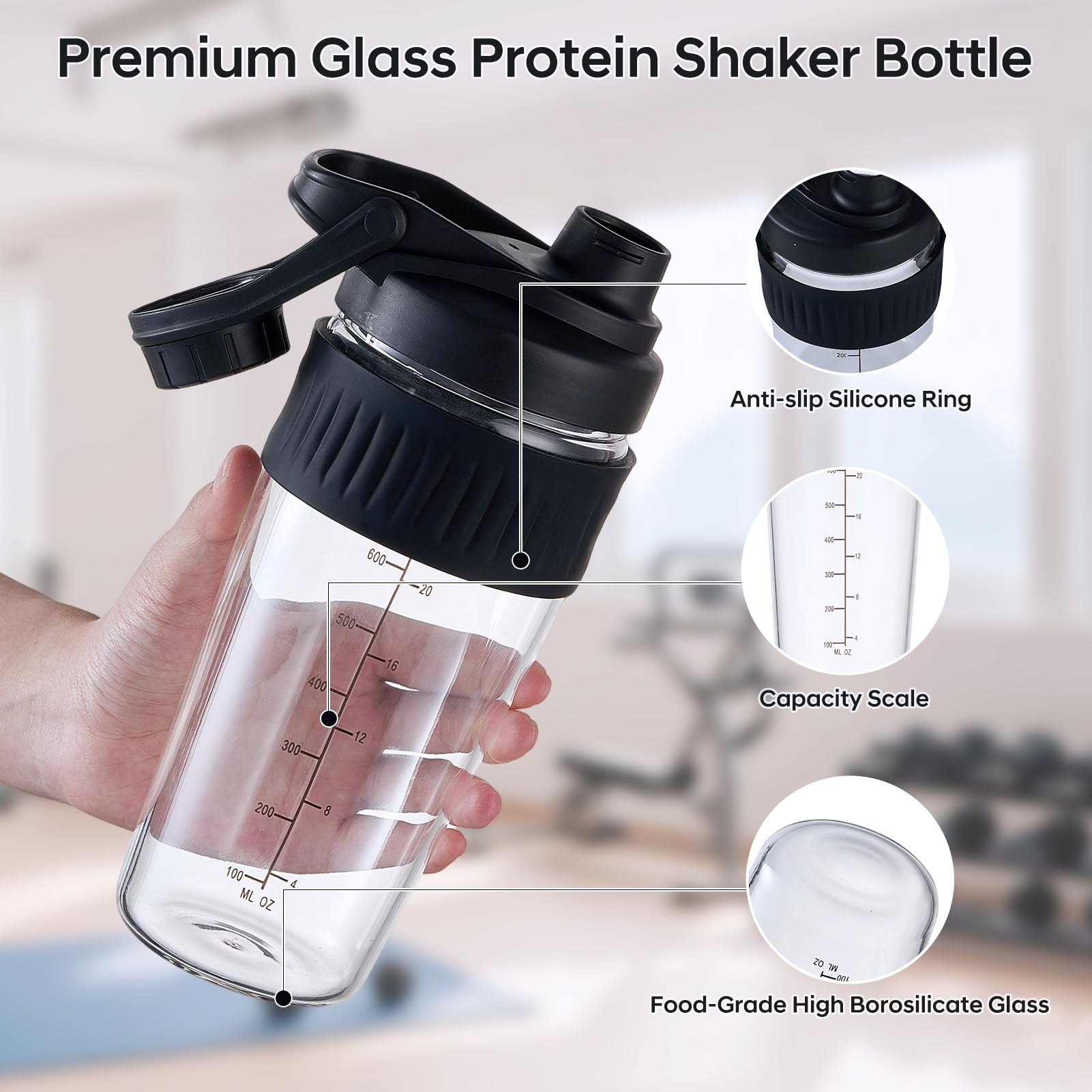 ShakeXpert glass shaker with spill-proof cap to prevent leaks during workouts