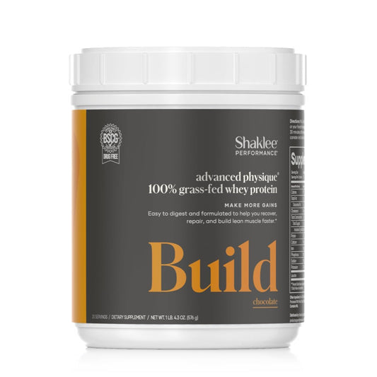 Shaklee Advanced Physique whey tub front shows lean protein for workouts.