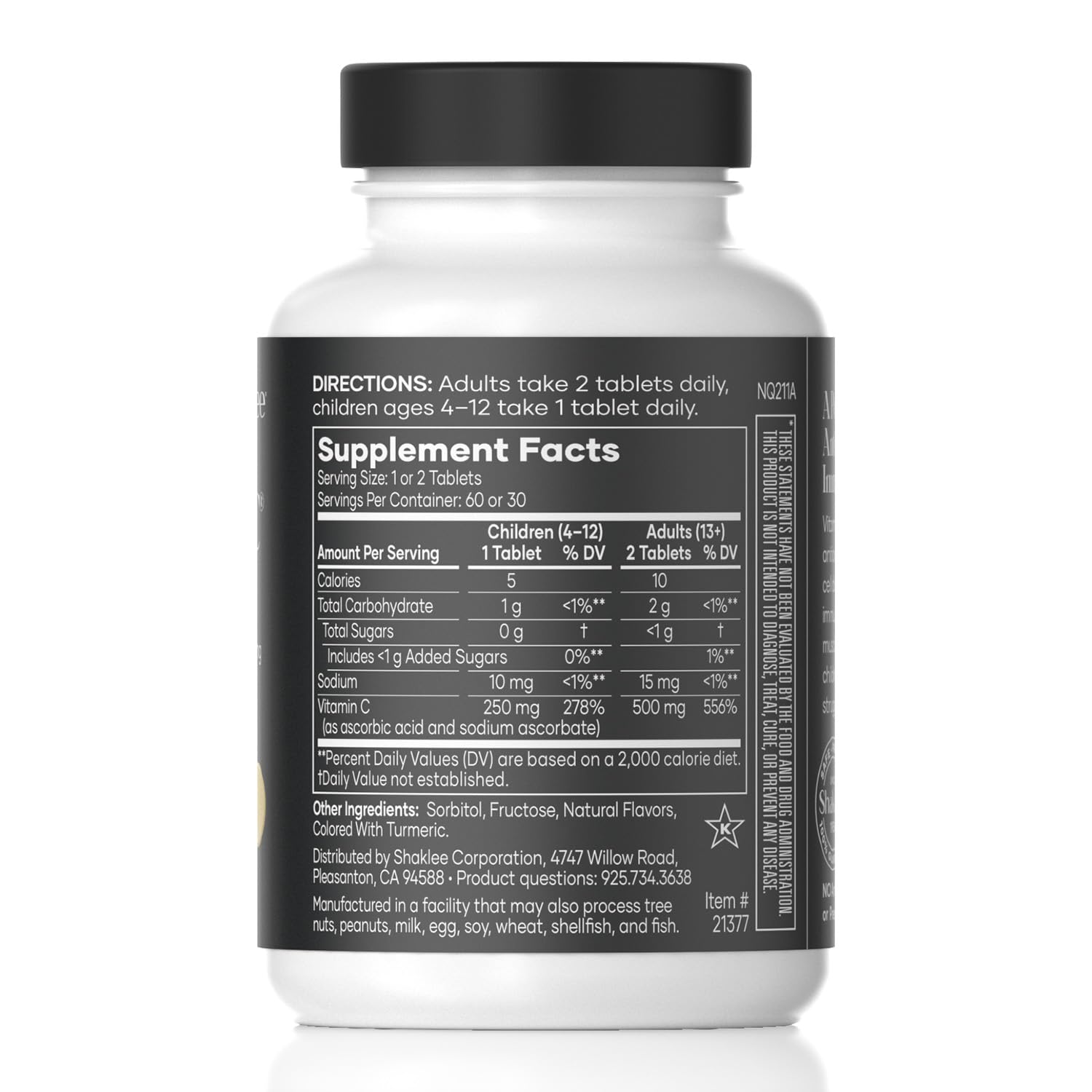 Shaklee Vita-C 250mg lemon bottle front view showing 60 tablets for daily wellness.