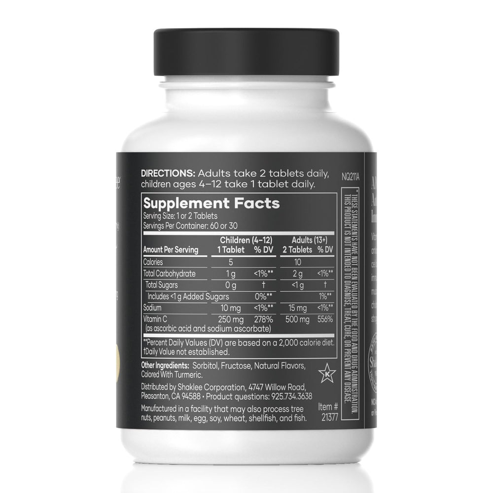 Shaklee Vita-C 250mg lemon bottle front view showing 60 tablets for daily wellness.
