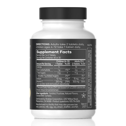 Shaklee Vita-C 250mg lemon bottle front view showing 60 tablets for daily wellness.