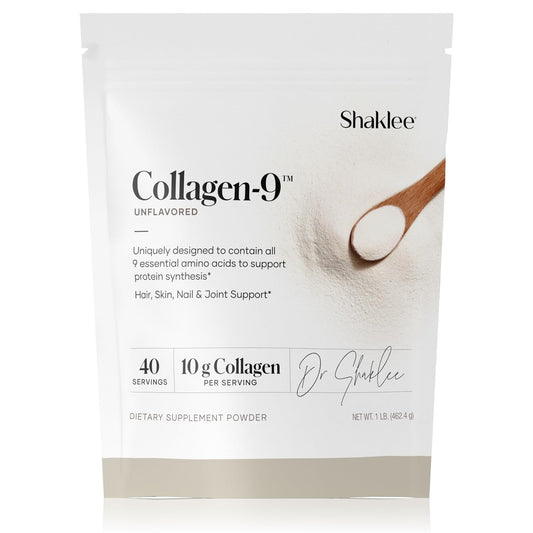 Shaklee Collagen-9 40 servings bottle supports daily wellness routine.
