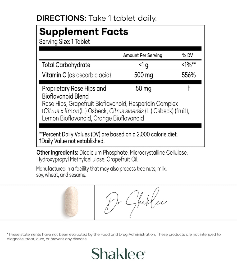 Close-up of Shaklee Vita-C 500mg capsules showing high potency.