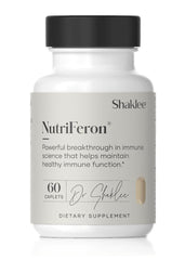 Shaklee NutriFeron bottle close-up showing clean labeling and immune-supporting formulation.