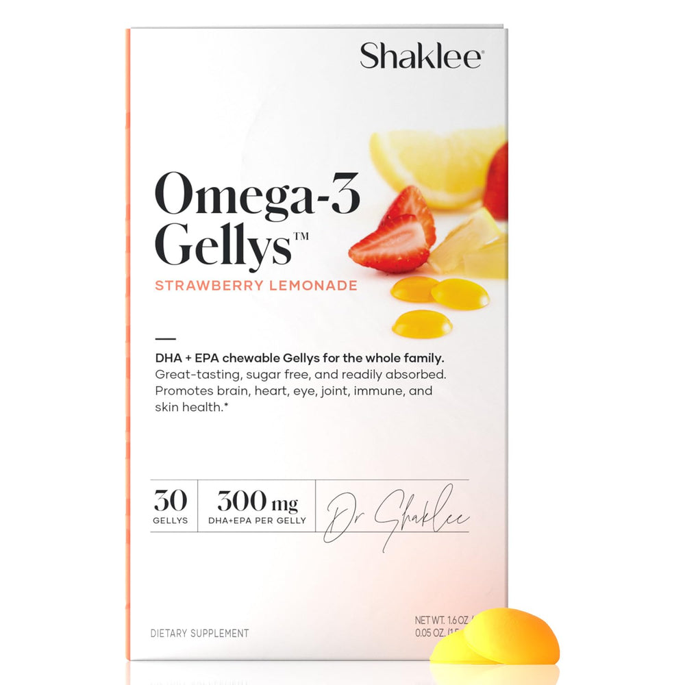 Shaklee Omega-3 Gellys bottle with strawberry lemonade gummies for daily omega-3