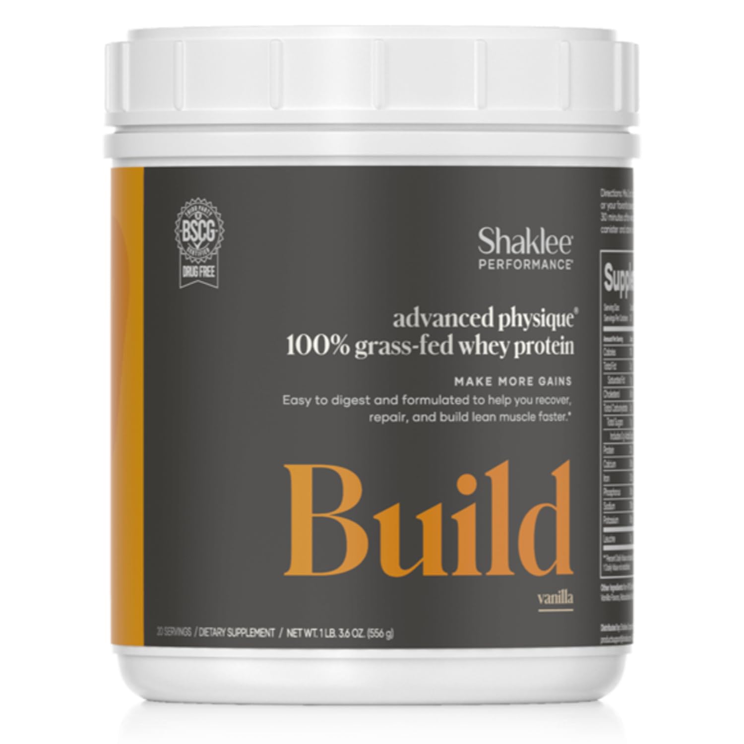 Shaklee Performance Advanced Physique vanilla tub packaging highlights grass-fed whey for clean protein.