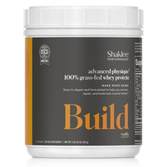 Shaklee Performance Advanced Physique vanilla tub packaging highlights grass-fed whey for clean protein.