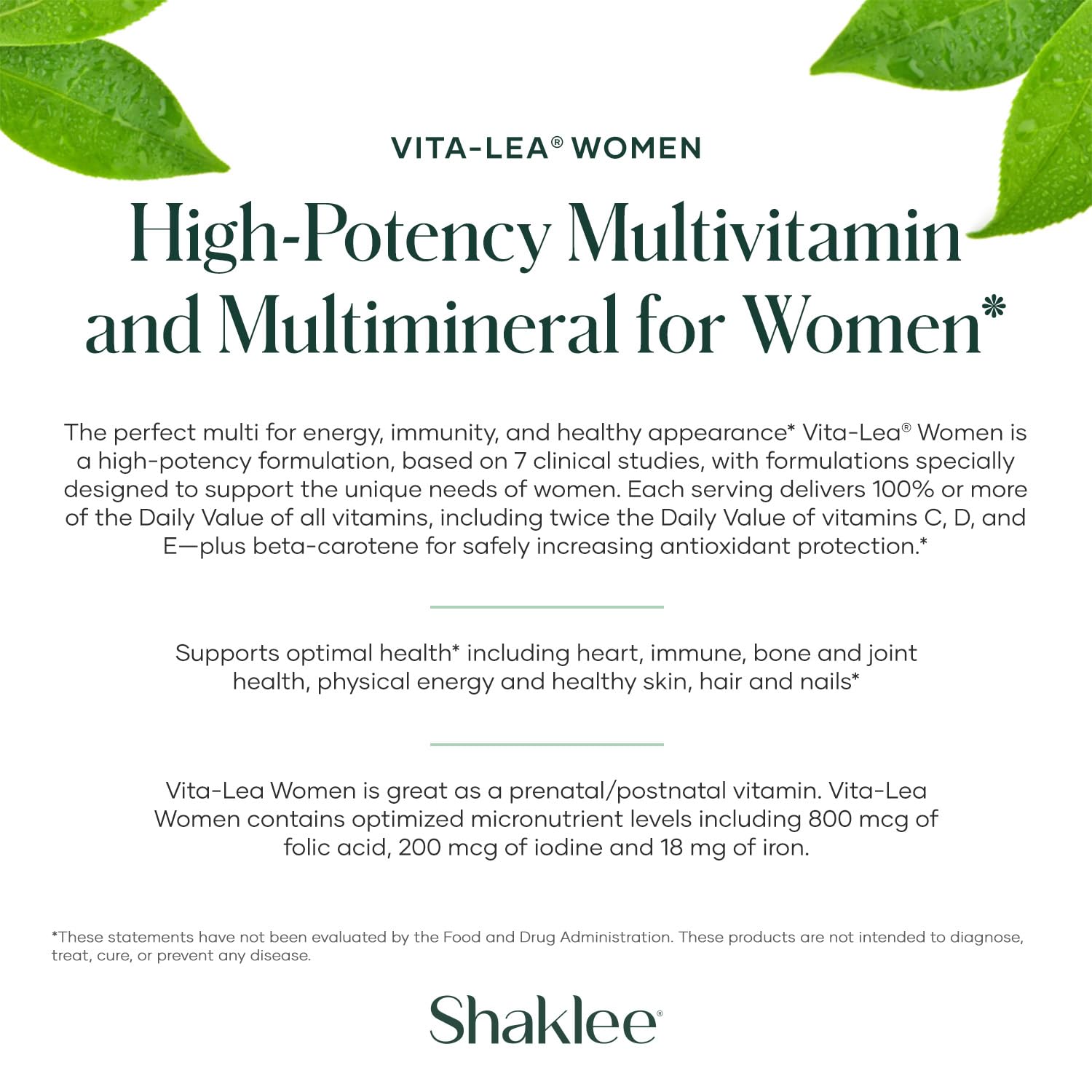 Shaklee Vita-Lea Women bottle front view emphasizes iodine and iron content for moms