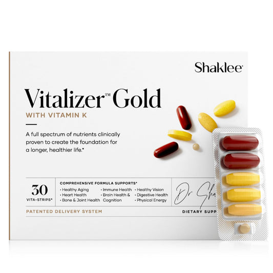 Shaklee Vitalizer Gold 30 Vita-Strips bottle for daily nutritional support.