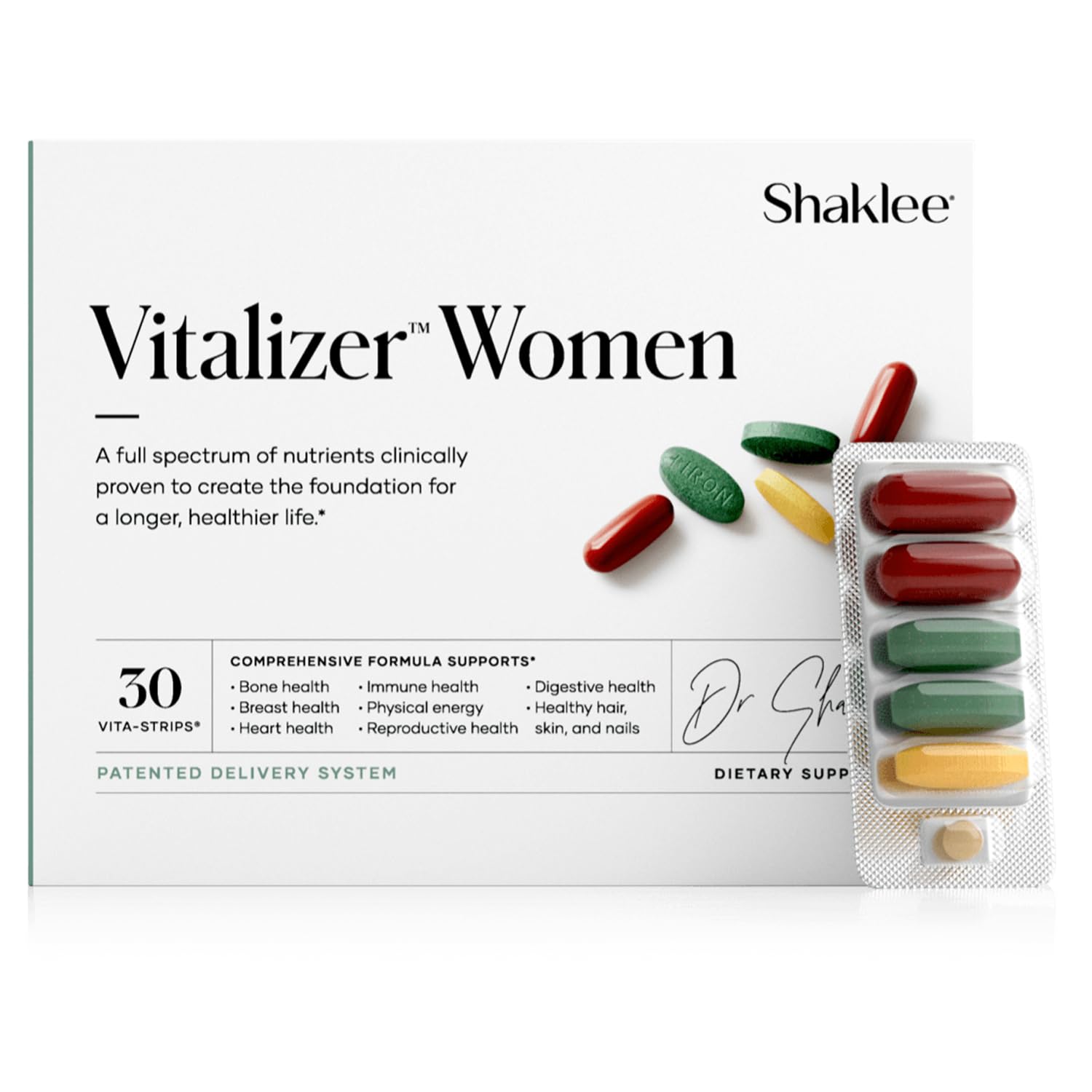 Shaklee Vitalizer Women bottle label shows Vita-Strips for daily prenatal support