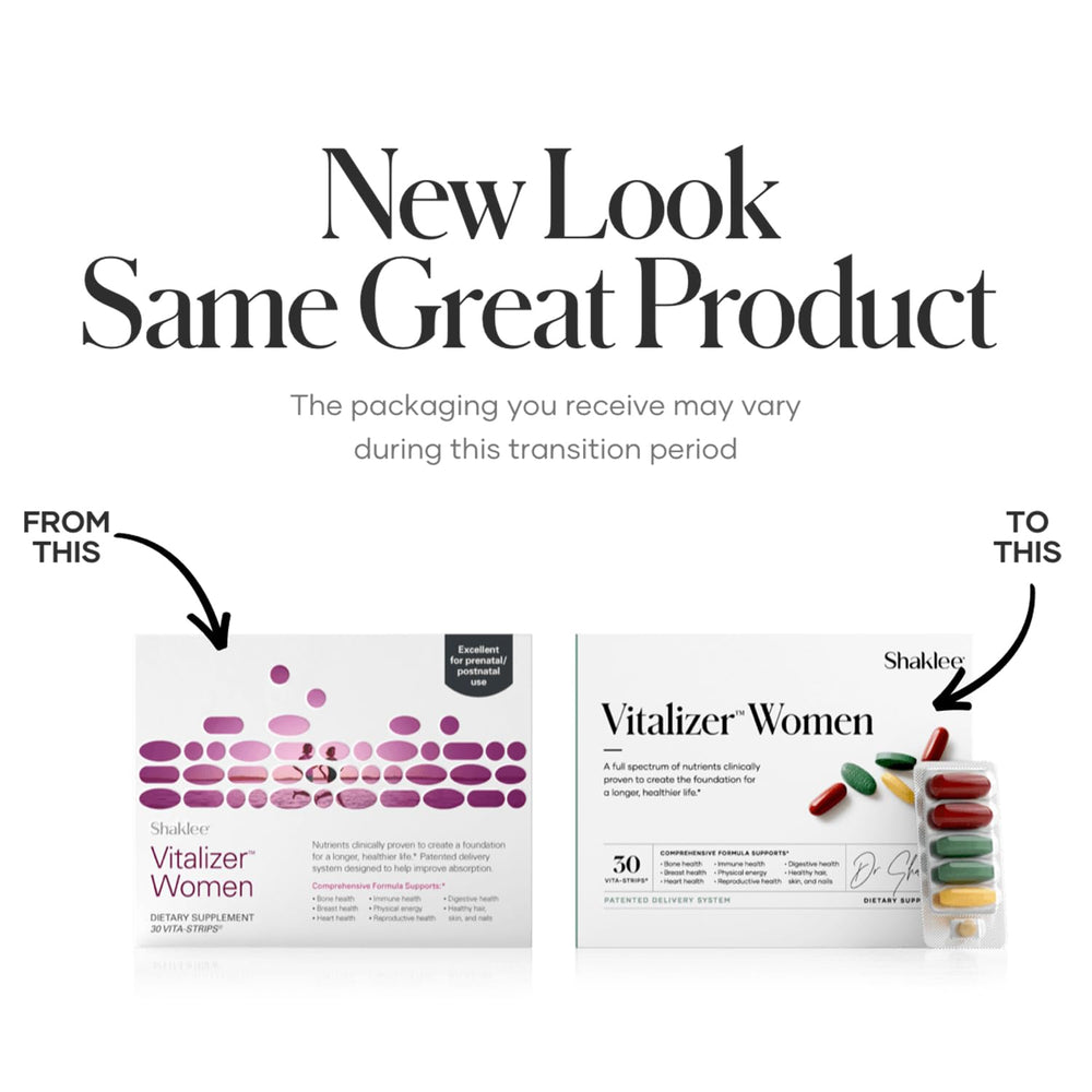 Shaklee Vitalizer Women foil-strip close-up highlighting omega-3 and probiotics