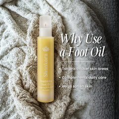 Shankara Nourishing Foot Oil on bathroom shelf highlighting vegan cruelty-free formula.