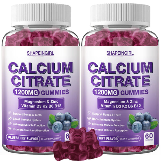 Shapeingirl 1200mg calcium citrate gummies in blueberry flavor supporting bone health and immune function.